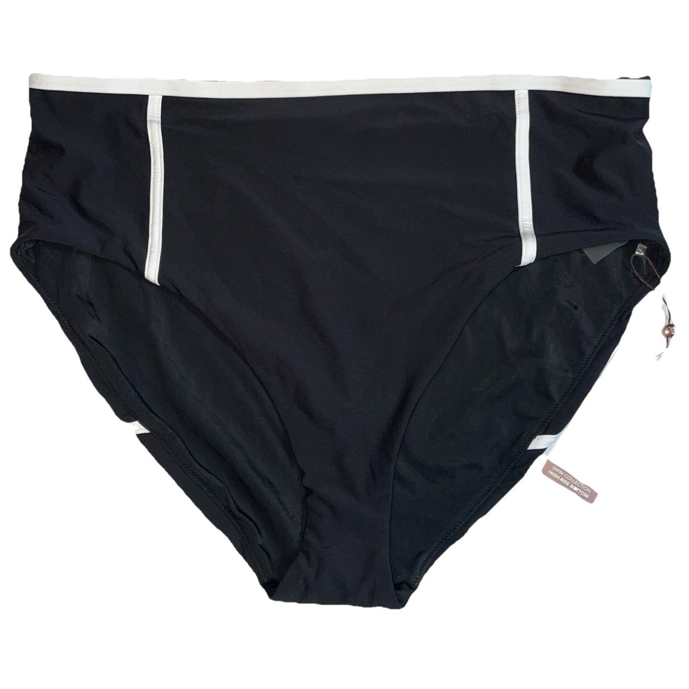 Calia NWT XL High-Rise Tipping Bottom Pure Black White Trim High Leg Swim Bottom
